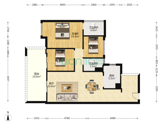 保利国际广场 3室2厅2卫 106平方