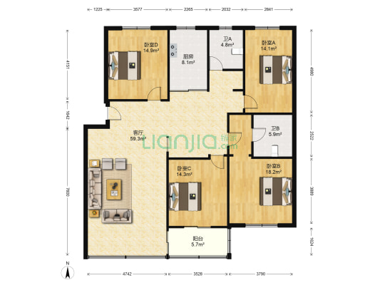 隆顺花园 4室1厅2卫 153平方