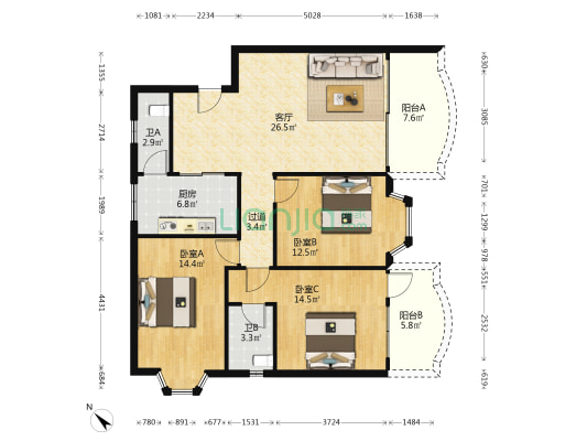 建达大厦小区 3室1厅2卫 108平方