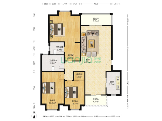 广场花城 3室1厅2卫 135平方