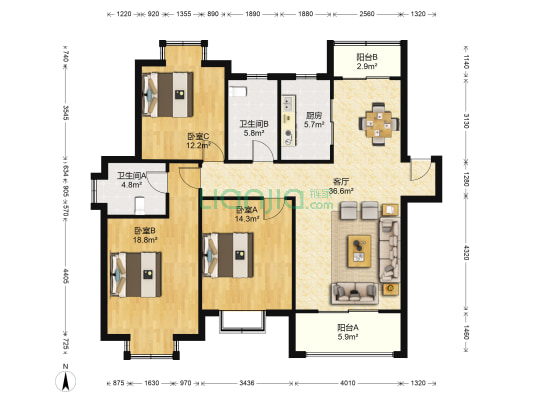 爱丽莎阳光名苑 3室1厅2卫 119平方