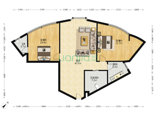 蟠桃大厦 2室1厅2卫 127平方