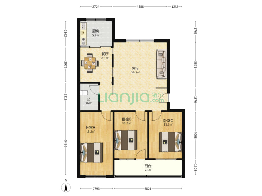 裕泰祥花园 3室2厅1卫 113平方