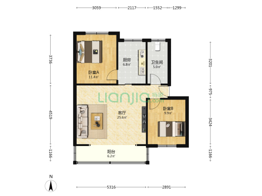 同心东路368号 2室1厅1卫 77平方