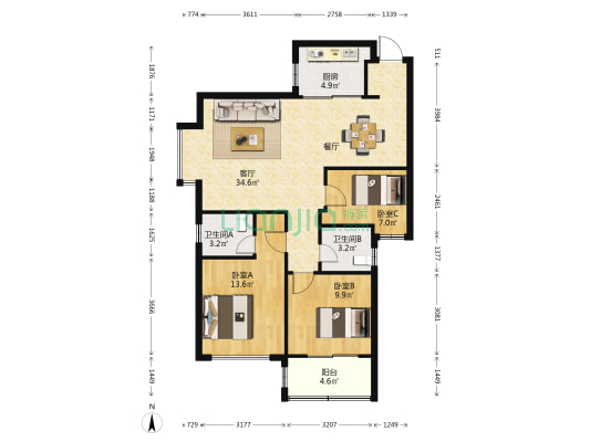 磐石新城一区 3室1厅2卫 105平方