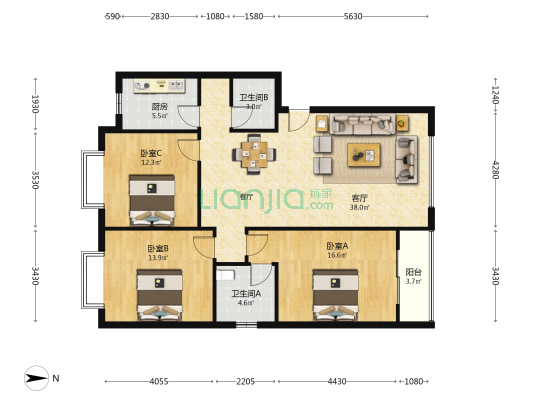 巨获花园 3室1厅2卫 115平方