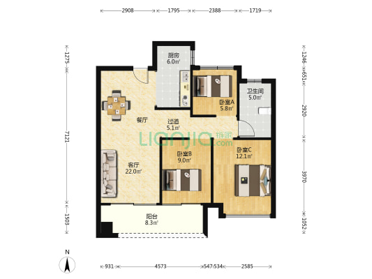 观淮府三期 3室1厅1卫 97平方
