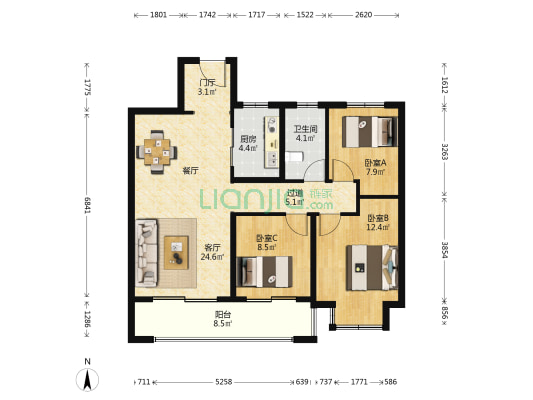 海尔翡翠文华G区 3室1厅1卫 105平方