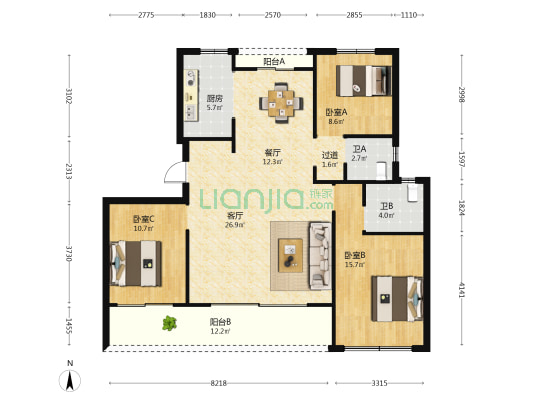 湖上云庭 3室2厅2卫 123平方