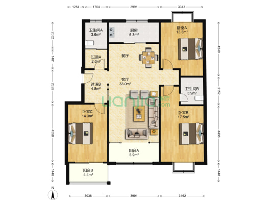 祥泰花苑 3室1厅2卫 142平方