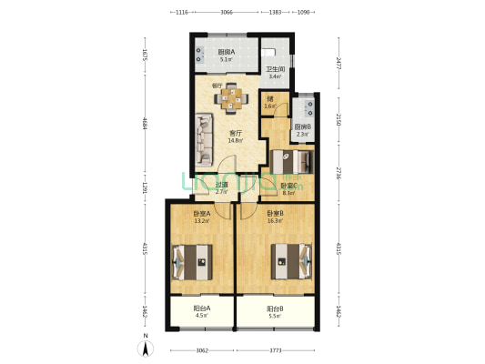 市中校内 3室1厅1卫 91平方