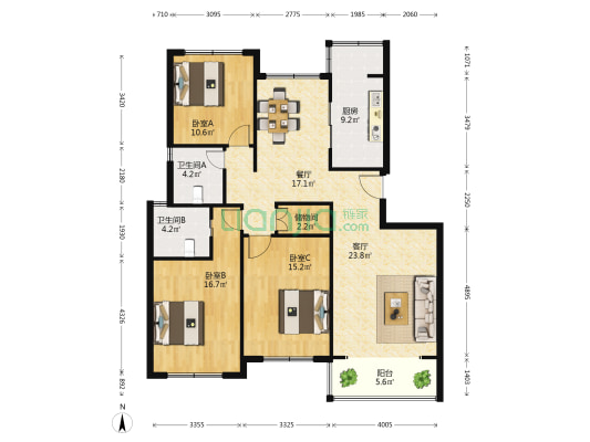 东方巴黎公寓 3室2厅2卫 140平方