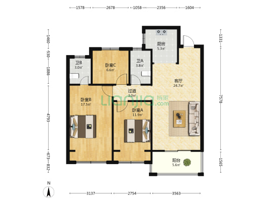 海盛湖滨豪庭壹号院 3室1厅2卫 107平方