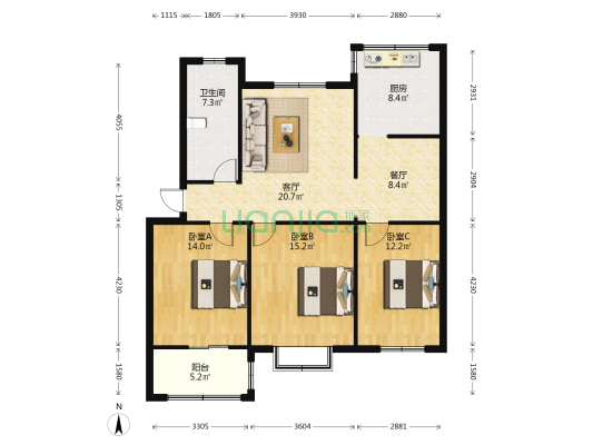 光明路一八九号院 3室2厅1卫 113平方