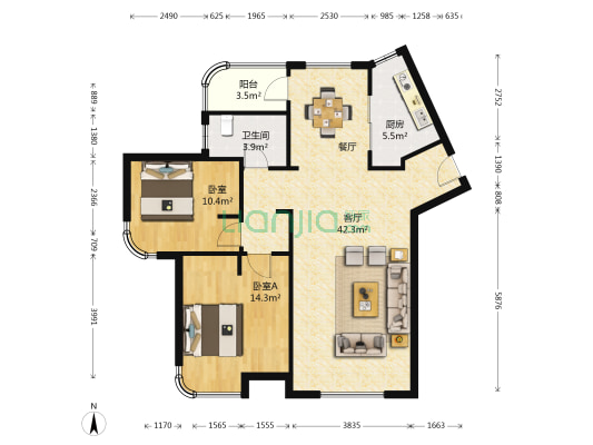 远洋自然 2室1厅1卫 106平方