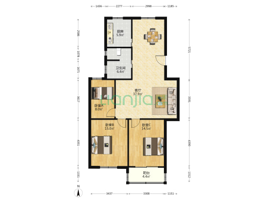 洋河花园 3室1厅1卫 108平方