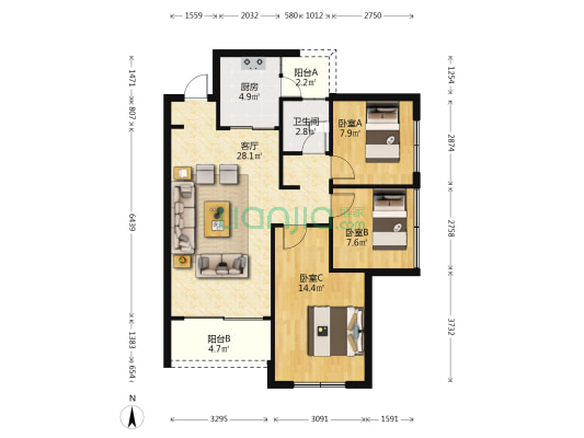 荣盛御景澜湾 3室1厅1卫 89平方