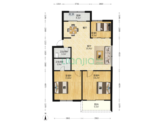 邮电公寓宿舍 3室1厅2卫 107平方
