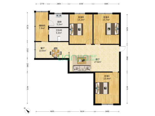 长寿体育村 3室2厅1卫 119平方