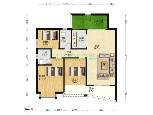 鼎盛名城 3室1厅2卫 100平方