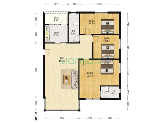 江步大厦 3室1厅2卫 142平方