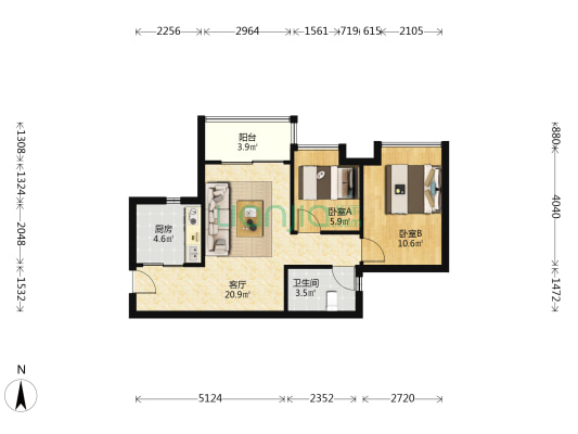 保利拾光年 2室1厅1卫 62平方
