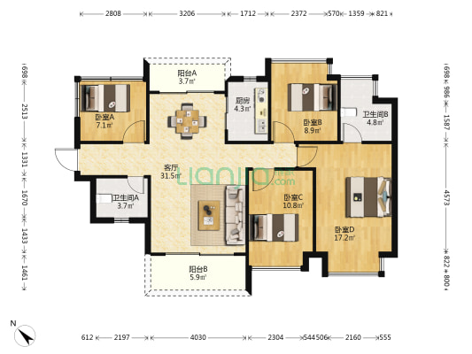 天益城二期 4室1厅2卫 117平方