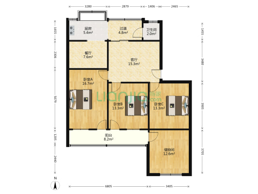 福茹二院 3室2厅1卫 110平方