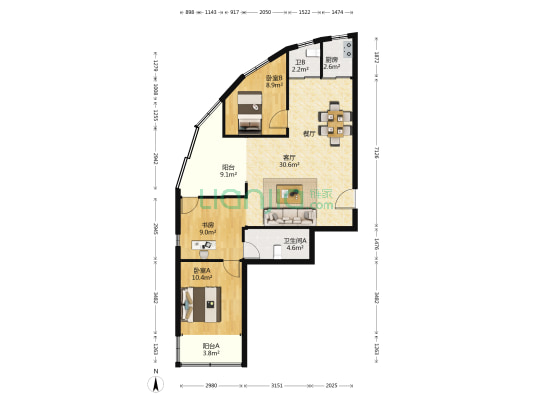 交大公寓 3室1厅2卫 129平方