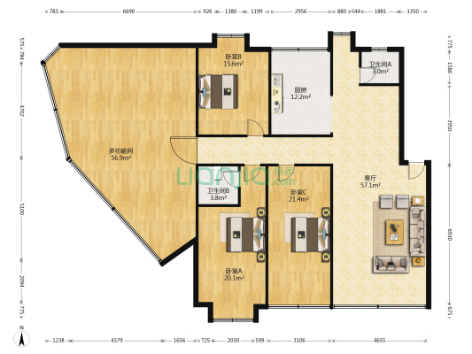 琪明轩小区 4室1厅2卫 143平方