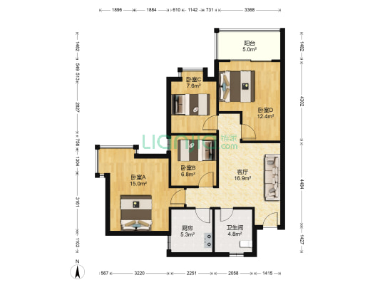 龙泰轩 4室1厅1卫 95平方