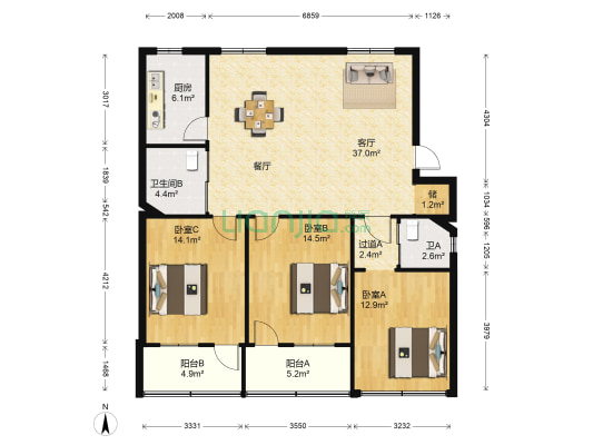 红盾苑 3室1厅2卫 118平方