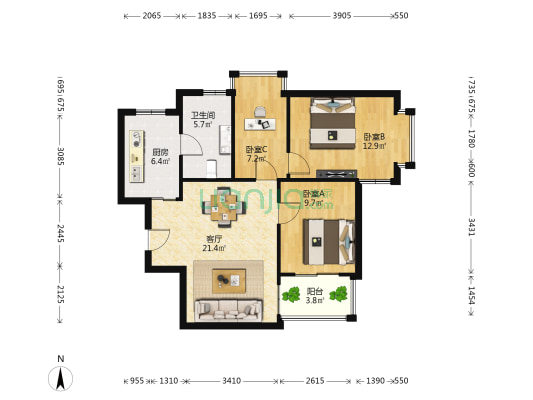 启真名苑 3室1厅1卫 88平方