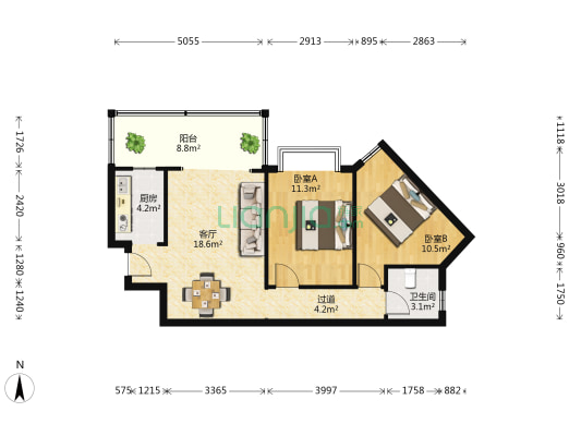 南宁动物园职工宿舍 2室1厅1卫 82平方