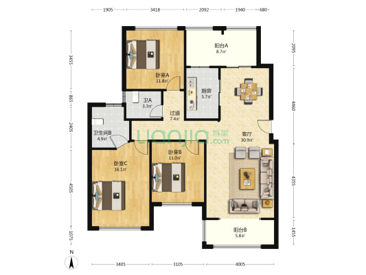 格林春天 3室1厅2卫 110平方