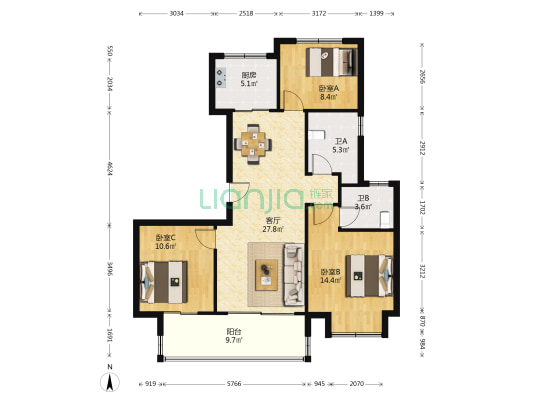 美的建发润锦园 3室1厅2卫 112平方