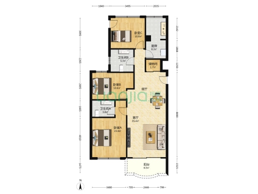 中福城三期南楼 3室1厅2卫 129平方
