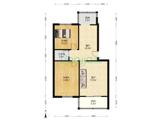 市民主党派宿舍 2室2厅1卫 78平方
