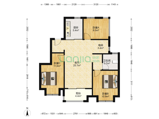 新城大都会 3室1厅1卫 178平方