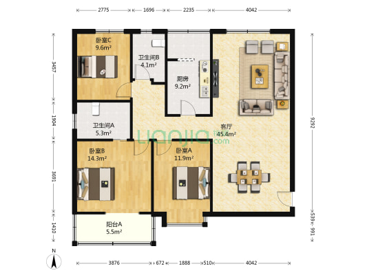 紫薇田园都市E区 3室1厅2卫 136平方