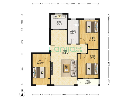 真爱小区 3室1厅1卫 104平方