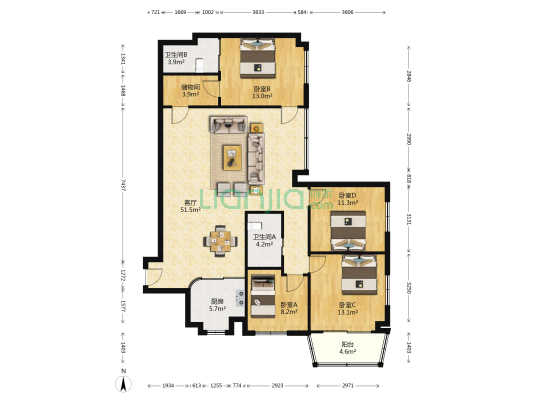 巨龙小区 4室1厅2卫 164平方
