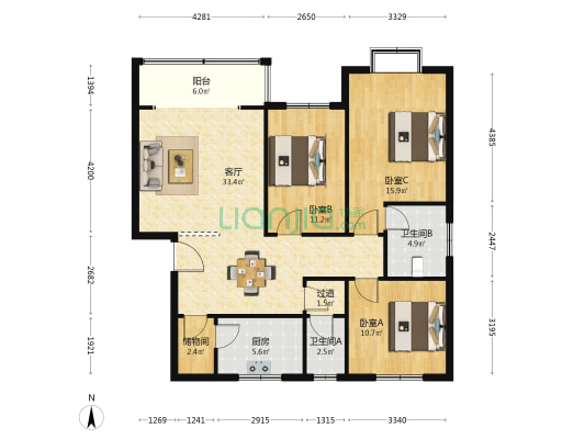 沙河新城 3室1厅2卫 117平方
