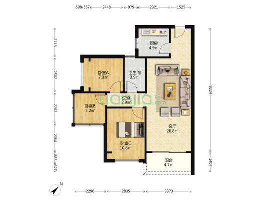 海德尚园 3室1厅1卫 78平方