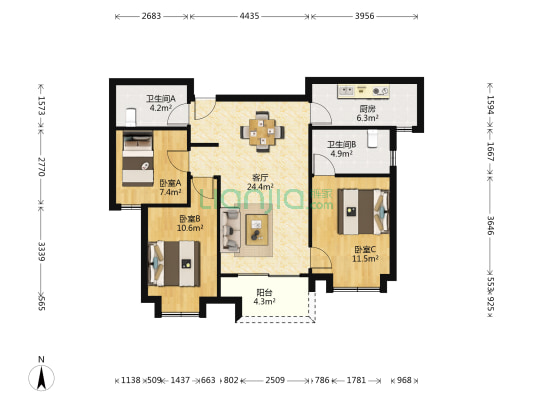 真爱万科公园华府 3室1厅2卫 102平方