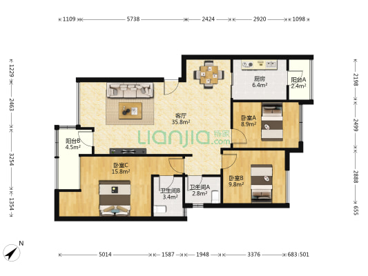 泊岸龙桥 3室1厅2卫 90平方