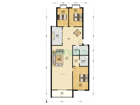 黄河路84-5号 3室1厅2卫 161平方
