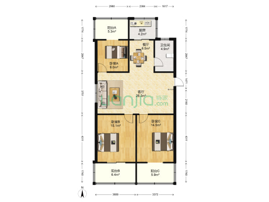 康馨家园 3室2厅1卫 120平方