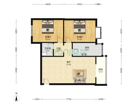 苹果城 2室1厅1卫 95平方