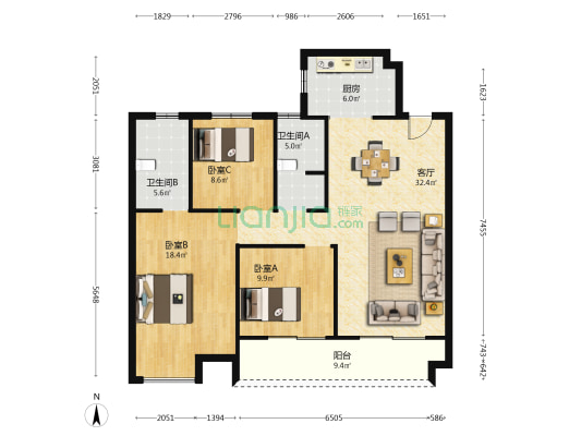 德喜花苑 3室1厅2卫 125平方